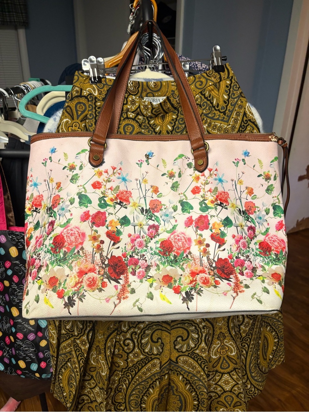 Elliott Lucca Pink Floral Tote with Brown Handles